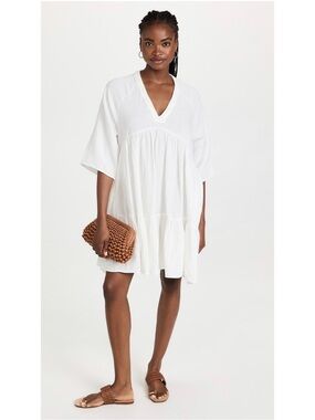 9Seed Marbella Ruffle Cotton Tunic Dress in White One Size Coastal Beach Coverup
